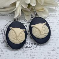 Silver Black Cream Owl Cameo Earrings Nature Birthday Anniversary Gift French