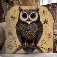 Vintage Owl Throw Pillow | Elegant Dark Woodland Cushion with Gold Accents | Mystical Forest Bird De