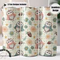 Cute Owl Fall Tumbler Wrap PNG, Acorn and Daisy 20oz Sublimation Wrap, Autumn Woodland Animal Tumble