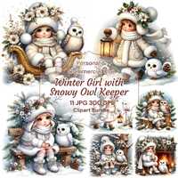 Winter Girl Clipart, Snowy Owl Keeper, High-Quality 300 DPI JPEGs, Commercial Use Christmas Holiday,