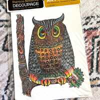 Vintage 1970s Patricia Nimocks Decoupage Owl Decal / Decoupage Art Print Framing Ephemera Journal Sc