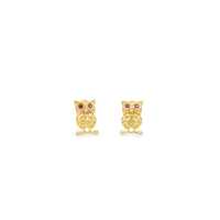 14K Solid Yellow Gold Owl Red Eyes Created Ruby Push Back Stud Earrings.