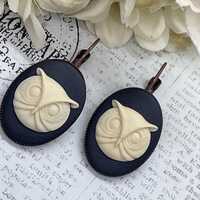 Rose Gold Brass Owl Black & Cream Victorian Anniversary Earrings Cameo Birthday