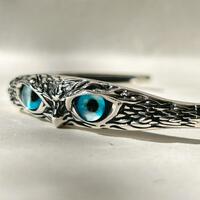 Realistic Owl Eye Bracelet for Women 925 Sterling Silver with 14k White Gold Plating, Unique Animal 