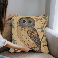 Vintage Owl Throw Pillow | Folk Art Inspired Floral Bird Cushion | Whimsical Boho Nature Decor | Art