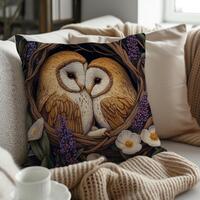 Owl Throw Pillow Cover + Insert, Romantic Woodland Animal Decor, Embroidered Effect Lovebird Cushion