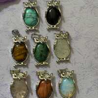 Stone and Silver Owl Pendants Natural Gemstone Necklace with 925 Silver Snake Chain Silver Plated Ac