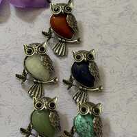 Statement Stone and Silver Owl Pendants Natural Gemstone Necklace with Leather Cord Silver Plated Ac