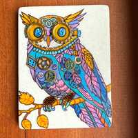 Whimsical Steampunk Owl painted rock SEALED 3D metal gears painted rocks