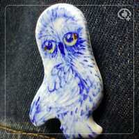 Delft Owl, White Blue, Porcelain Brooch, 22k Gold Details, Handmade