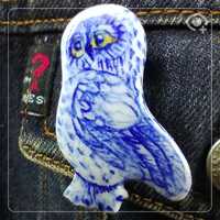 Delft Owl, White Blue, Porcelain Brooch, 22k Gold Details, Handmade
