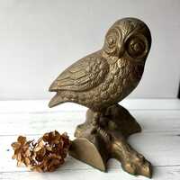 Vintage Solid Brass Owl On Log