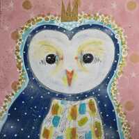 Owl Queen Acrylic Painting: Mixed Media Whimsical Wall Art
