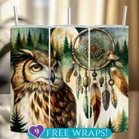 Forest Owl and Dreamcatcher Tumbler Wrap, Spirit Animal PNG, Seamless 20Oz Skinny Tumbler Sublimatio