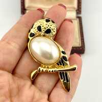 Vintage Gold Owl Brooch, 1980s Jelly Belly Pearl Figural Pin, Enamel Animal Statement Jewelry