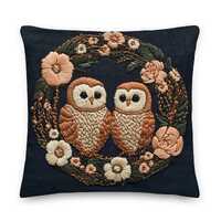 Owl Couple Embroidered Effect Throw Pillow Cover + Insert, Woodland Barn Owls with Floral Wreath, Co