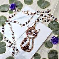 Wire Wrapped Owl Pendant – Copper Rosary Chain & Cat Eye Beads
