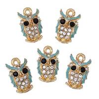 2 breloques HIBOU, strass noirs + transparents / émail bleu s/doré, 15x9mm - 2 gold OW