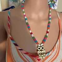 Beaded Necklace, Gold Owl Pendant Necklace