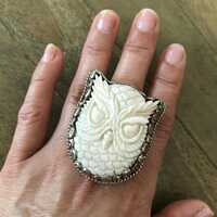 Bone owl face ring, handcrafted, Nepalese, Tibetan repousse silver, 46X38 mm