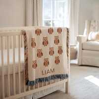 Personalized Owl Baby Blanket, Custom Name Woven Blanket for Boys, Nursery Animal Blanket, Woodland