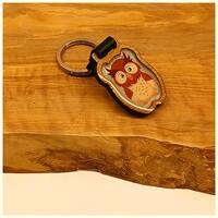 Owl Wooden Keychain | Epoxy Coated, Genuine Leather Strap, Colorful Owl Design Solid Wood Gift | Owl