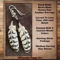 Hand Carved Bison Bone Snowy Owl Secondary Wing Feather Earrings,Sterling Silver, Hand Painted, 3 si