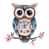 Folk Owl on Branch Clipart, 12x Floral Owls with Branch Clip Art Set, Printable Clip Art, Digital Do