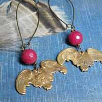 Nocturnal. Oxidized brass Owl and Faceted Fuchsia Candy Jade sphere earrings