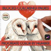 Barn Owl Couple Love 1 Blocks Coloring Pages - Watercolor Pixel Art - Procreate Color By Number Digi