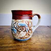 Vintage Rustic Studio Pottery Owl Mug | Brown White Blue | Otagiri | Autumn Vibes
