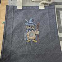 Embroidered Recycled Tote Book Bag Wise Owl Wizard