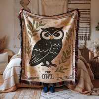 Owl Tapestry Woven Throw Blanket, Boho Fringed Jacquard Blanket Wall Hanging, Owl Tapestry Blanket, 