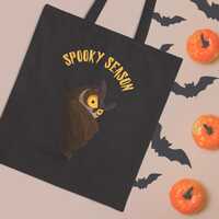 Spooky Season Owl Halloween Tote Bag - Cotton Canvas Trick or Treat Carryall, Fall Festival Grocery 