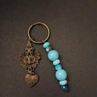 Owl Key Chain with Heart and Blue Beads - Antique Bronze