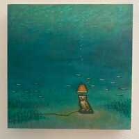 The Owl Lamp at the Bottom of the Sea ORIGINAL acrylic painting 10”x 10” on cradled birc