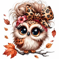12 PNG Leopard bow owl – Fall owl PNG clipart – Cute autumn bird for seasonal crafts, ki