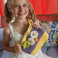 Crocheted Cotton Owl Purse: Handmade Yellow & Purple Bag, shoulder strap