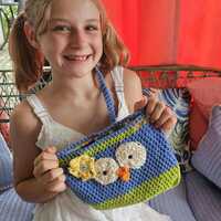 Handmade Crocheted Cotton Owl Purse: Lined Print Bag, shoulder Strap, blue, green, OAK