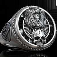 Owl Skull Mason Signet Ring – 925K Solid Silver Square Compass Symbolic Statement, Gothic Hand