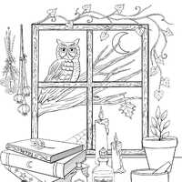 Owl and Cottage Fall Kitchen, Coloring Page, Digital Download