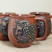 Hand Thrown Owl Mugs Set of 3/ Super Cute Vintage Stacking Owl Mugs w Fun Mid Mod Design/ Unique Art