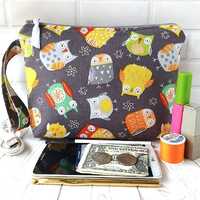 Handmade Owl Print Wristlet Purse: Cotton Makeup Bag, Travel Tote