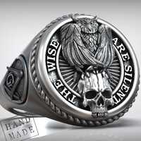 925K Silver Owl Skull Signet Ring: Masonic Freemason Symbol, Handmade