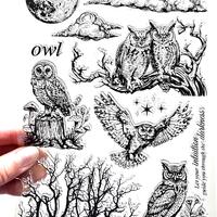 Large Clear Stamps REALISTIC OWLS Rubber Stamping Night Time Wise Bird Tree Branch Moon Cloud Card M