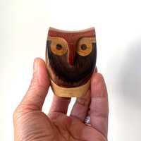 Wooden Owl Hand Carved Penguin Vintage Owl Made of Four Different Woods Bird Figurine Handmade Owl