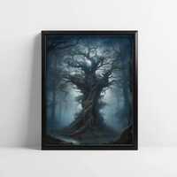Barred Owl Tree Art – Strix varia Forest Print, Twisted Tree in Fog, Mystical Owl Spirit Decor
