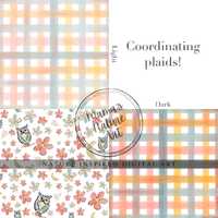 Soft whimsical owl moon watercolor & coordinating plaid pattern digital file PNG download 300dpi