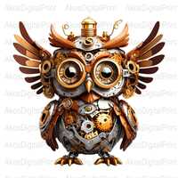 Steampunk Owl PNG Digital, Metallic Owl Design, 300 DPI Owl Sublimation, Fantasy Art Print, Cute Owl