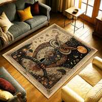Mystic Owl Rug, Day and Night Forest Carpet with Sun Moon Stars and Nature Scene, Fantasy Woodland T